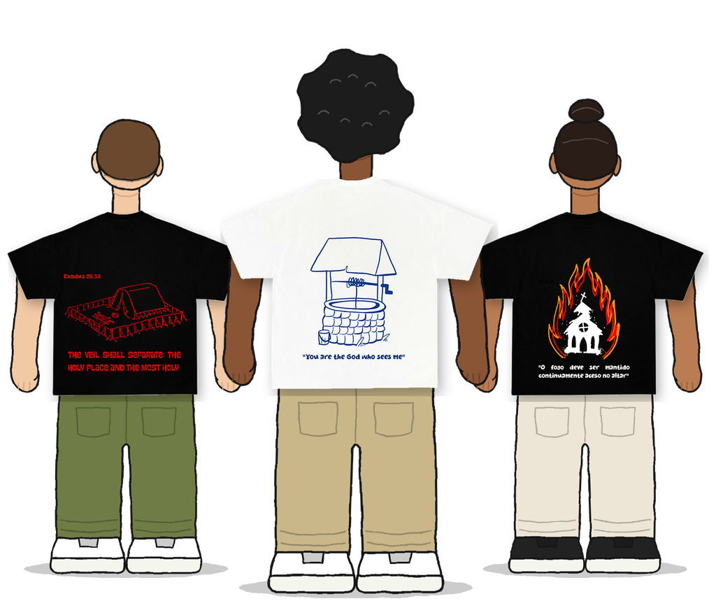 Três pessoas ilustradas, de costas, vestindo camisetas do drop: tabernáculo preta, poço off-white e fogo preta